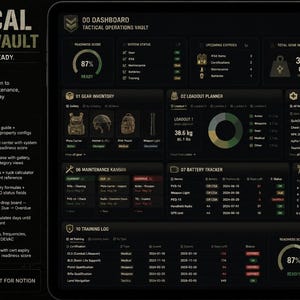 Può includere: Un dashboard digitale su uno schermo di tablet, che mostra un sistema di operazioni tattiche. L'interfaccia è scura con testo verde e bianco, che mostra l'inventario dell'equipaggiamento, il pianificatore di carico e le informazioni di manutenzione. Il testo "TACTICAL OPERATIONS VAULT" è in alto.