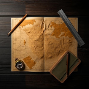May include: An open vintage map with a compass, pencil, ruler, and notebook. The map is tan with brown geographical details. A gold compass sits on the map, and a wooden pencil and metal ruler are placed nearby. A green notebook with a pen is also present.
