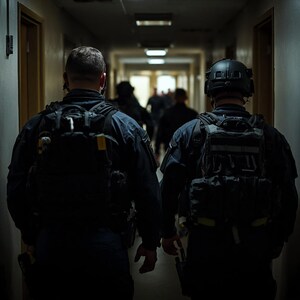 May include: Two individuals in tactical gear walk down a dimly lit hallway, their backs to the camera. They wear dark blue uniforms, tactical vests, and helmets. Other figures are visible further down the corridor, suggesting a group movement.