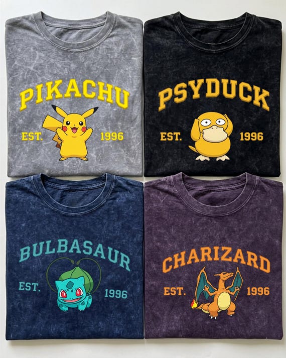 Custom PoKe Character Mineral Wash T-Shirt, Vintage Manga Characters Comfort Color Shirt, Retro Washed Cartoon Shirt