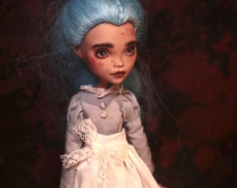 OOAK Repainted Hyper Realistic Face Up Monster High Doll, Long Thick Blue Braid Wig