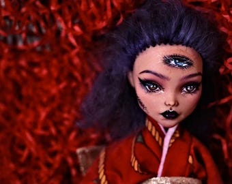Yokai Geisha Monster High Repaint Doll | Hand Rooted Mohair Wig, Custom Discontinued Kimono
