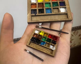 Miniature Wooden Paint Palette with Tiny Paint Brush, Finished Dollhouse Art Studio Decor Prop for BJD