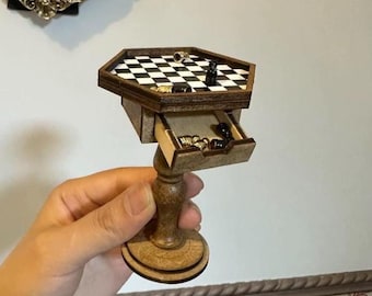 1/6 Hexagonal Chess Table with Chess Pieces, Finished Wooden Dollhouse Coffee Table