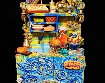 Hand Painted Miniature Floral Kitchen Stove Sink Cabinet | 1:12 Scale Dollhouse Kitchen Furniture