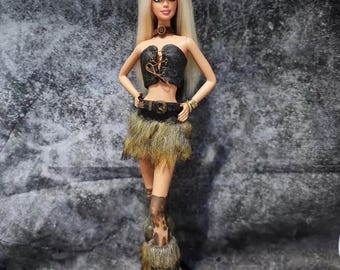 1/6 Scale Fashion Doll Outfit, Y2K Cowgirl Faux Fur Mini Skirt Set