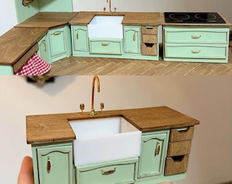 1/6 Kitchen Cabinet Set, Miniature Wooden Dollhouse Furniture with Stove, Sink & Storage