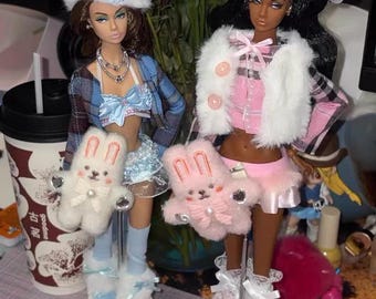 Pink & Blue Fluffy Bunny Y2K Doll Outfit Set | Fits 11.5" Fashion Barbie Doll