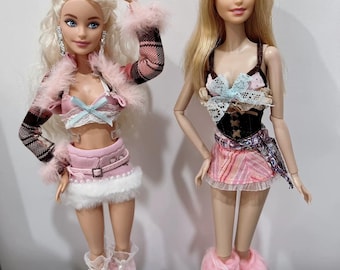 Y2K Style Doll Outfit, Pink Fur Trim Clothes Set, Fits Barbie Dolls