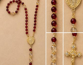 Rosario rosso granato / Rosario cattolico oro / Rosario rosso intenso e champagne con cristalli / Rosario mariano fatto a mano / Regalo di preghiera prezioso