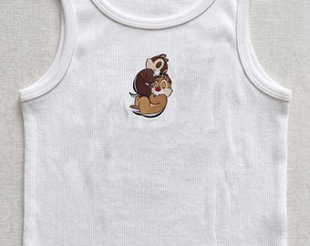 Chip n Dale Embroidered Tank Top, Cute Cartoon Character Shirt, Minimalist Gift for Her, Aesthetic Summer Ribbed Top, Holiday Trip Outfit