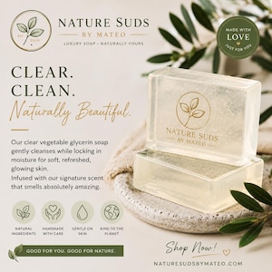 May include: Two clear rectangular bars of soap are stacked on a decorative stone plate. The soap has the brand name "Nature Suds by Mateo" printed on it. The image also includes text that says "Clear. Clean. Naturally Beautiful."
