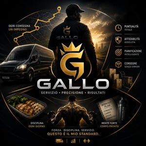 Può includere: Immagine promozionale per Gallo, con un furgone nero, un uomo con una giacca nera e un logo dorato. L'immagine include testo in italiano, che promuove servizio, precisione e risultati. Mostra anche un piano alimentare e di allenamento.