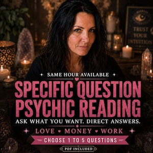 Puede incluir: Un gráfico digital para un servicio de lectura psíquica con el texto: SAME HOUR AVAILABLE, SPECIFIC QUESTION PSYCHIC READING, ASK WHAT YOU WANT. DIRECT ANSWERS. LOVE, MONEY, WORK, CHOOSE 1 TO 5 QUESTIONS, PDF INCLUDED. El fondo muestra a una persona.