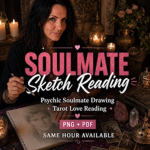Pode incluir: Um gráfico digital com o texto SOULMATE Sketch Reading, Psychic Soulmate Drawing, Tarot Love Reading, PNG + PDF e SAME HOUR AVAILABLE. O design inclui texto rosa, ícones de coração e um esboço de um rosto humano.