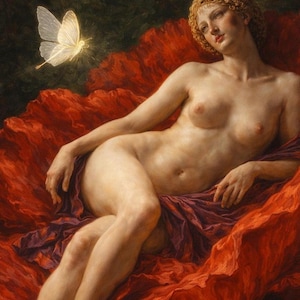 May include: An oil painting depicting a reclining figure with curly auburn hair resting on a vibrant, voluminous red fabric. A glowing, translucent white butterfly hovers in the upper left corner against a dark, shadowed background.
