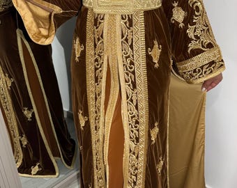 Takchita in velluto marrone dorato, caftano marocchino a due pezzi, caftano di lusso ricamato, abito da sposa, abito tradizionale islamico