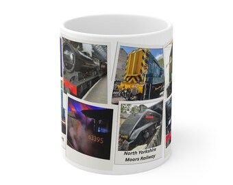 Tazza da caffè in ceramica con collage della ferrovia North Yorkshire Moors