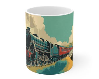 Tazza con illustrazione di treno a vapore / Tazza da caffè in ceramica da 11 once o 15 once