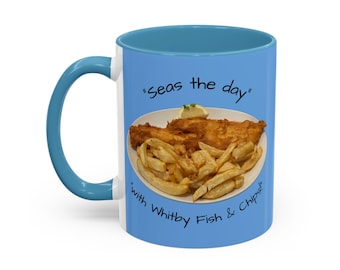 Tazza da caffè con motivo "Whitby Fish and Chips", souvenir costiero, design "Seas the Day".