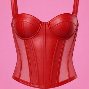 May include: A bright red corset top featuring structured cups and vertical paneling. The garment is constructed with smooth faux leather panels alternating with sheer mesh side inserts and includes two wide shoulder straps for support.