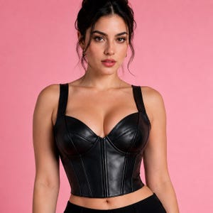 May include: A black sleeveless corset top featuring a sweetheart neckline, structured cups with vertical seam detailing, and wide shoulder straps. The garment is constructed with a smooth, matte finish and a fitted silhouette that ends at the waist.