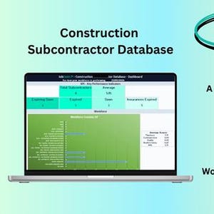 May include: A laptop displaying a construction subcontractor database interface. The screen shows data visualizations and key performance indicators. Text on the screen includes "Expiring Soon" and "Expired." The JobCostr logo is at the top right.