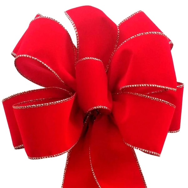 Christmas Bows, 12 Pack, 10" W x 26"L, 2.5" Red Velvet Gold Wire Edge Ribbon, 20" Tails, 8 Loops, Center Loop. Wreaths, Garland, Tree Topper