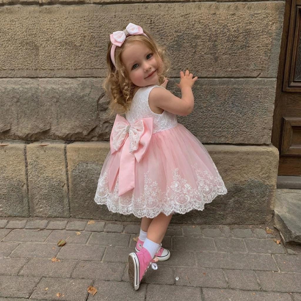 pink dresses for christening White Lace & Blush Pink Baby Girl Dress with Pearl Bow and Matching Shoes Elegant Birthday, Wedding & Christening Outfit 5T