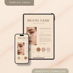 Può includere: Un mockup digitale con uno smartphone e un tablet che mostrano un modello di design del marchio. Il tablet mostra un nome del marchio, uno slogan e una tavolozza di colori. Il telefono rispecchia il design. Il testo include "TEMPLATE CANVA" e "IMMEDIATE DOWNLOAD."