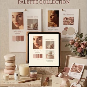 May include: A digital moodboard and colour palette collection for beauty and lifestyle brands. The image features a tablet, colour swatches, cosmetics, and decorative items in a neutral colour palette. The text reads "The Brand Feeling".