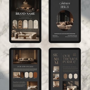 May include: Four digital tablets showcasing interior design concepts. Each tablet has a dark background with text and images of furniture and design elements. The tablets display a brand name, design strategies, and theme concepts.