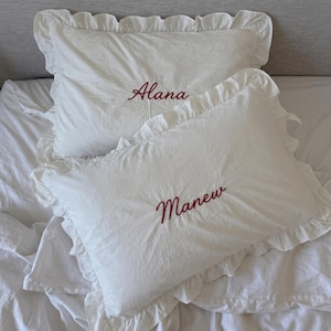 Personalized Ruffle Pillowcase, Custom Embroidered Pillow Cover, French Cottage Bedding, Monogram Pillow Sham, Wedding Gift for Couple