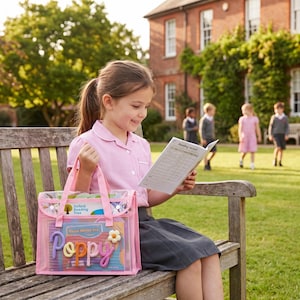 May include: A clear pink plastic book bag with two handles and a snap closure. The front features a colorful yarn-style name tag reading Poppy, a small flower embellishment, and a visible Oxford Reading Tree book inside the transparent compartment.