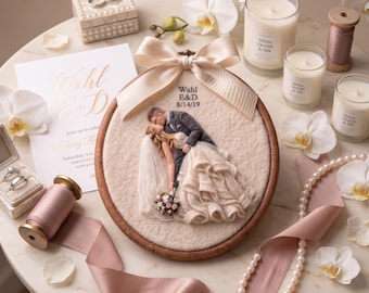 Personalized Wedding Portrait,Wool Felt Couple Portrait From Photo,Anniversary Gift For Wife,Handmade Hoop Art Keepsake
