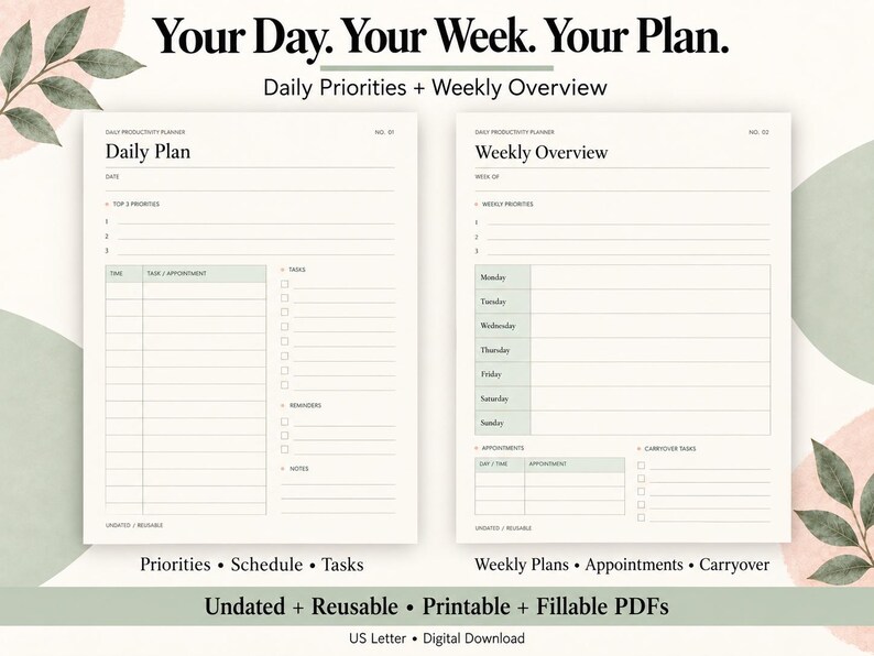 Daily Productivity Planner Printable Fillable PDF Weekly Schedule Habit ...