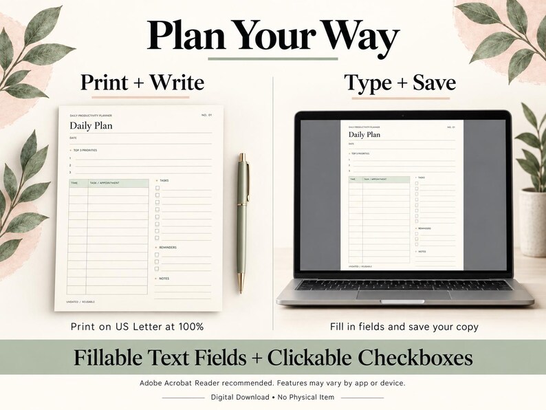 Daily Productivity Planner Printable Fillable PDF Weekly Schedule Habit ...