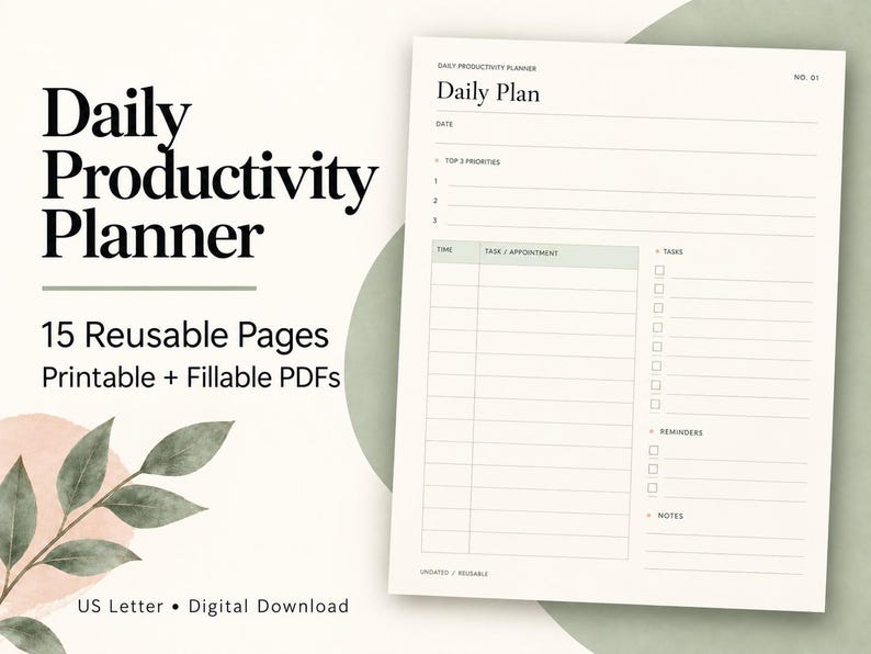 Daily Productivity Planner Printable Fillable PDF Weekly Schedule Habit ...