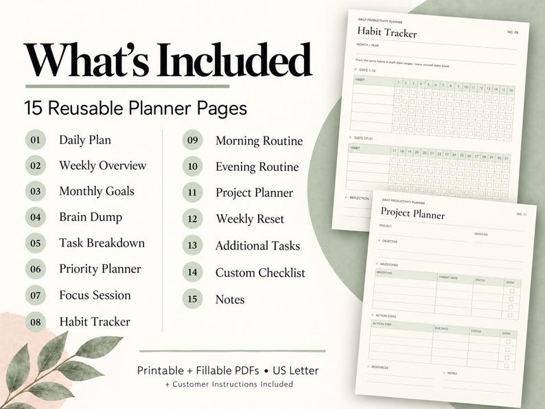 Daily Productivity Planner Printable Fillable PDF Weekly Schedule Habit ...