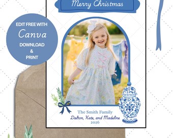 Blue & White Christmas Card Template | Chinoiserie Ginger Jar Holiday Photo Card | Personalized Family Christmas Card | Digital Download