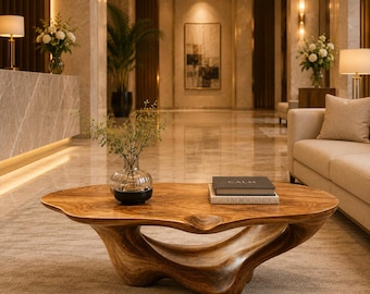 Mesa de centro de madera escultural orgánica, pieza central moderna para la sala de estar.