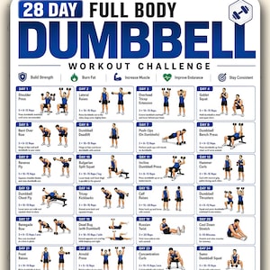 28 Day Full Body Dumbbell Workout Challenge, Home Strength Training Poster, Muscle Building Guide (Instant Download)
