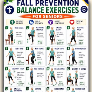 Puede incluir: Un póster informativo blanco titulado Fall Prevention Balance Exercises for Seniors, que presenta dieciséis ilustraciones numeradas de una persona con camiseta azul verdoso y pantalones negros realizando varios movimientos físicos con texto instructivo.