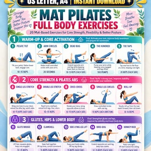 May include: A digital poster titled Mat Pilates Full Body Exercises featuring 15 illustrated movements for core strength and flexibility. The chart includes sections for warm-up, core strength, and glutes, with text instructions for each exercise.