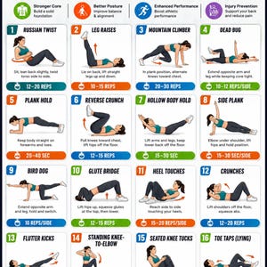Könnte beinhalten: Ein Fitness-Übungsdiagramm mit dem Titel 16 CORE STRENGTH, das sechzehn nummerierte Illustrationen einer Person in einem türkisfarbenen Oberteil und schwarzer Leggings zeigt, die verschiedene Übungen mit Textbeschreibungen und Wiederholungszahlen ausführt.