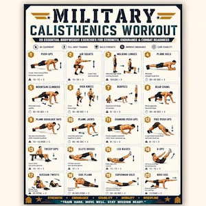 May include: A military calisthenics workout poster featuring 20 numbered bodyweight exercises with illustrations and instructions. The chart includes sections for push-ups, squats, lunges, planks, and other movements, with text detailing repetitions and sets.