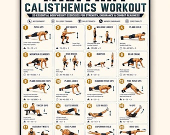 Programma di allenamento di calisthenics militare in formato PDF stampabile / 20 esercizi per tutto il corpo / Forza e resistenza / Allenamento bootcamp