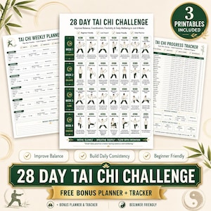 Pode incluir: Um conjunto de documentos imprimíveis para um desafio de 28 dias de Tai Chi, incluindo um gráfico central com ilustrações de movimentos, um planejador semanal e um rastreador de progresso com texto em verde e branco.