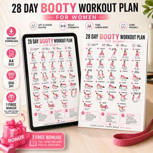 May include: A 28-day workout plan guide for women displayed on a tablet and a printed sheet. The document features a grid of exercise illustrations with pink accents, text labels, and icons for lifting glutes, building strength, and toning.