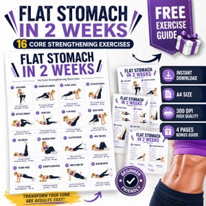 Könnte beinhalten: Ein digitaler Trainingsleitfaden mit dem Titel Flat Stomach in 2 Weeks, der 16 Rumpfkräftigungsübungen mit Illustrationen und Anleitungen enthält. Das Set umfasst mehrere Seiten, einen Bonus-Guide sowie Hinweise zu Sofort-Download und A4-Format.